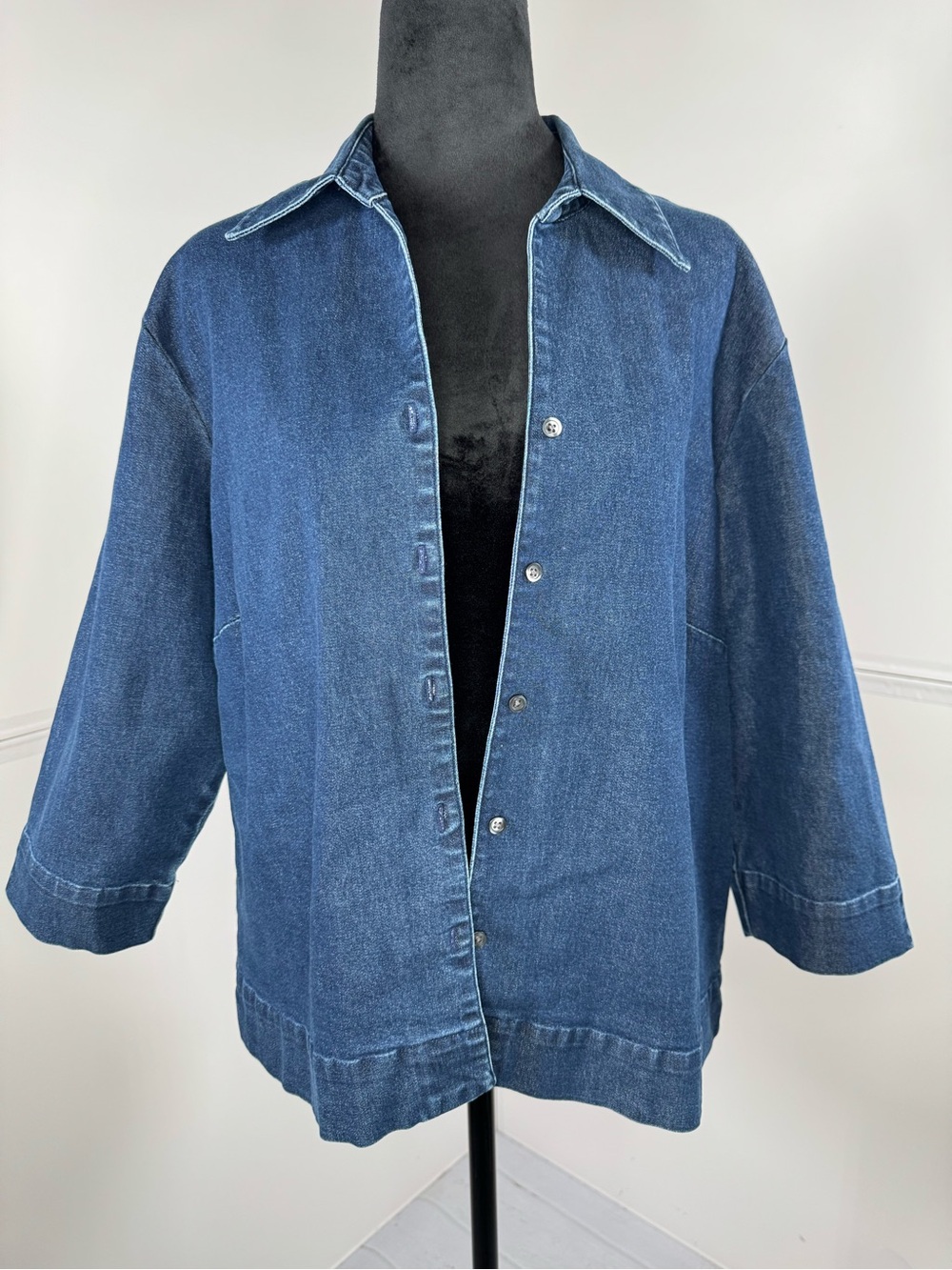 Eddie Bauer Vintage Denim Shirt Jacket Women's 3/4 Sleeve Chore Coat Size Large